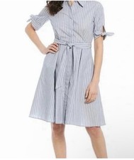 calvin klein blue white striped short sleeve button down knee length dress 2 Xs
