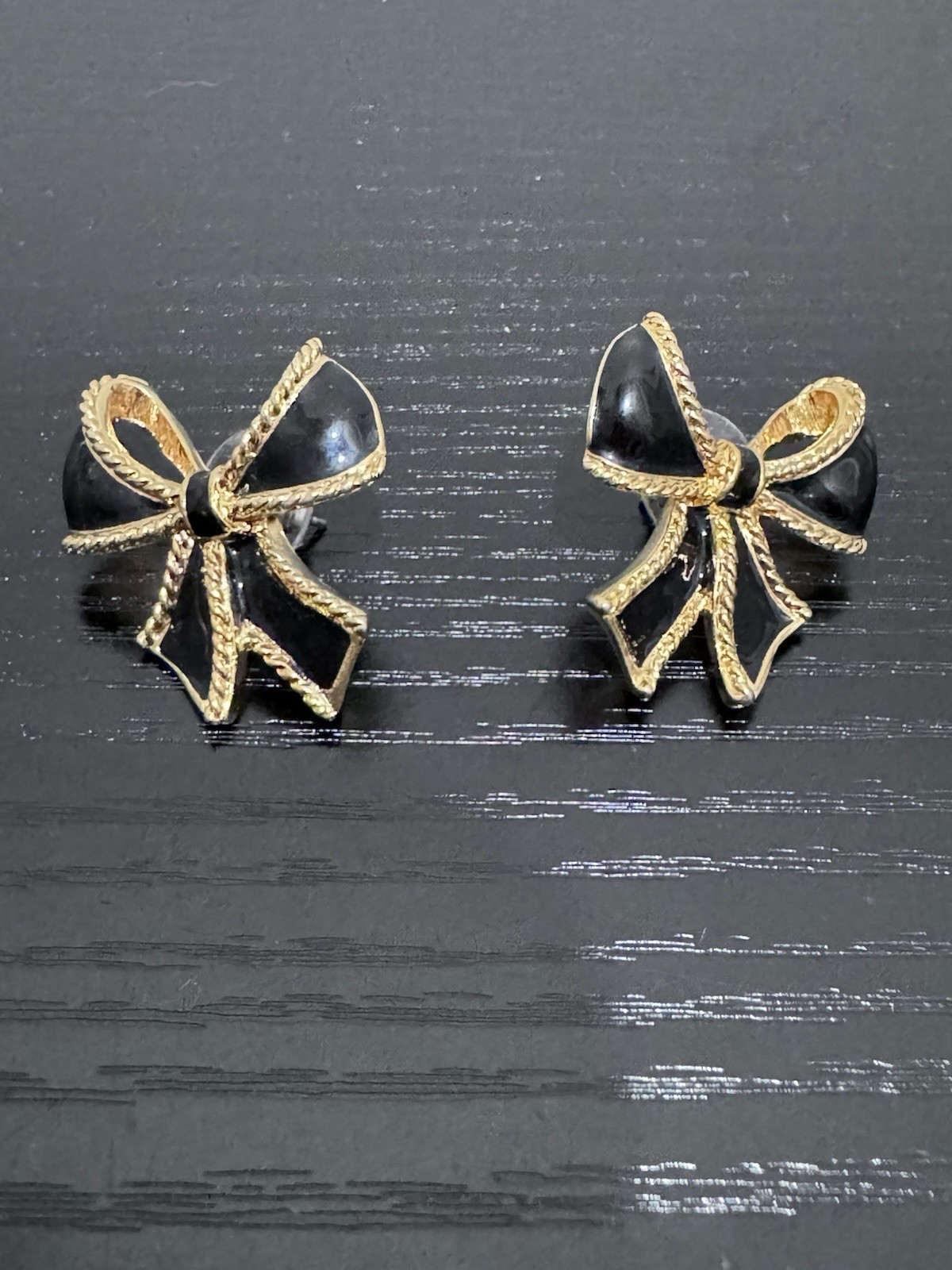 Vintage KJL for Avon Black Enamel Bow Earrings Go… - image 1