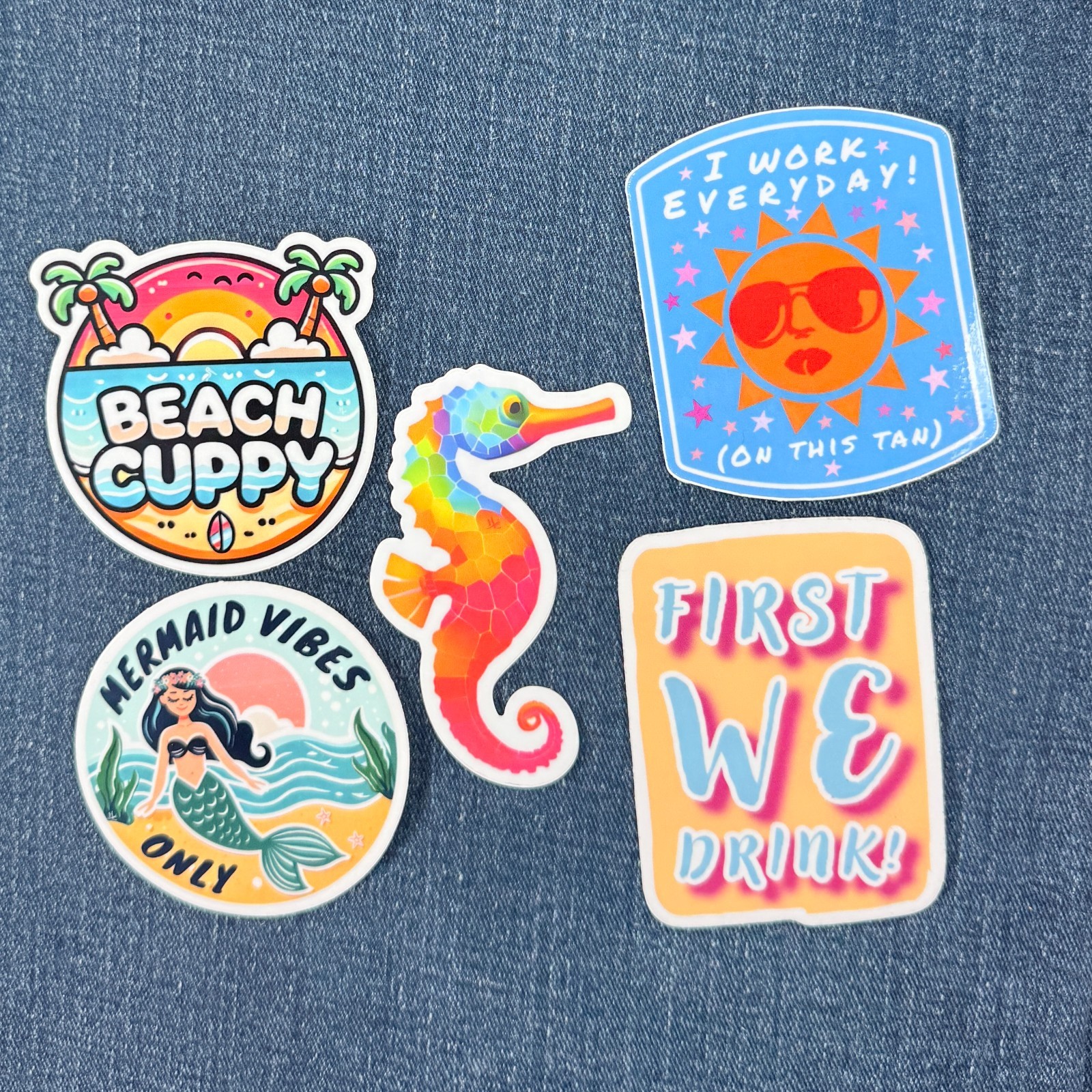 5-Pack Beach Stickers Mermaid Seahorse Tanning Drinking For 