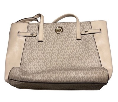 Michael Kors Jet Set Travel Tote Bag Vanilla MK Signature Logo White Gold Charm
