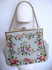 Vtg 1950s Needlepoint Tapestry Handbag Purse Floral Petit Point Chain Handle