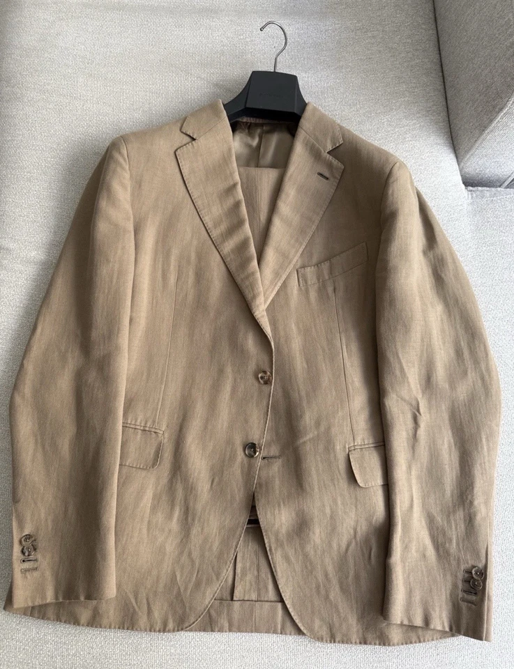 CARUSO Aida Italian Suit 56 IT 46 US Beige Tan Linen Cotton Made in Italy - Image 4 of 4