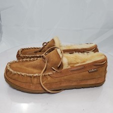 L.L.Bean Shearling Moccasin Slippers Wom 10 Brown Suede Wool Wicked Good 290467