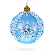 Blue and Pearl Jewel-Embellished Glass Ball Ornament 3.25 Inches