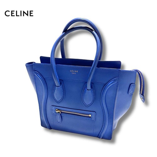 CELINE Luggage Micro Shopper Old Logo Blue Leather Used From Japan