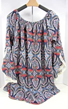 Win Win Multicolor Tunic Top-Bell Sleeve w/Lace Trim -Size Large L-XL-NWOT