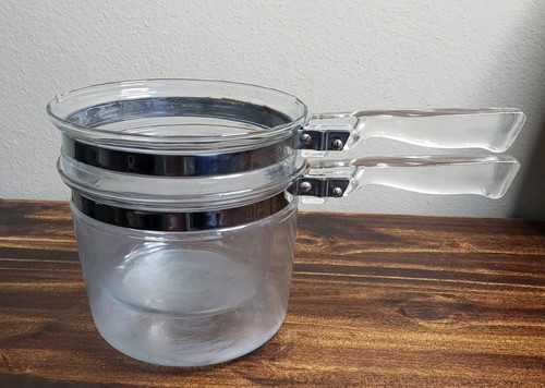 2 Pyrex Flameware 6283 1.5 Qt Glass Saucepan Pots No Lids Stackable Vintage
