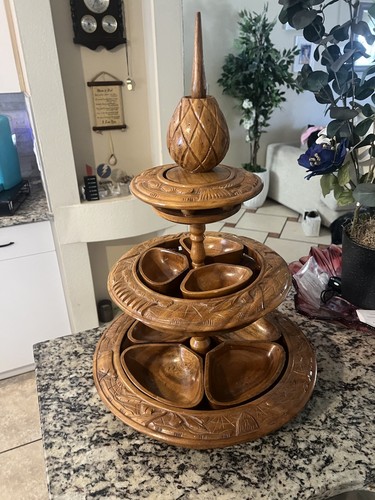 Vintage wood  Hand Carved Hawaiian decoration 3tier serving Centerpiece 