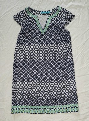 Tori Richard Dress Womens 2 Navy Geo Print Embroidered Trim Shift