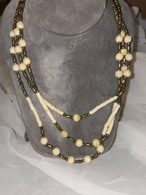 Vintage Triple Strand Wood Bead Necklace Brass Tone Tribal Boho Statement