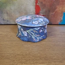 Vintage Floral Trinket Dish with Lid Blue Pink Hand Painted Decorative Heavy