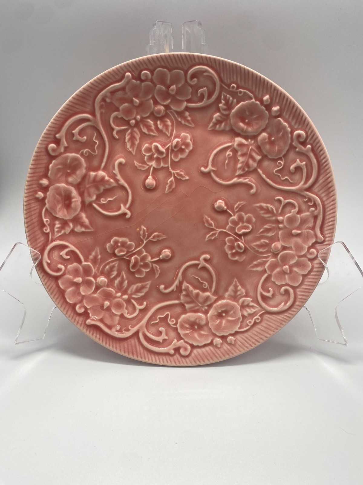 Bordallo Pinheiro, Portugal. 7.5” pink floral majolica plate