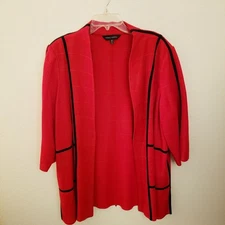Ming Wang Red Cardigan with Black Trim Open Front 3/4th Sleeve Size 24/26W EUC