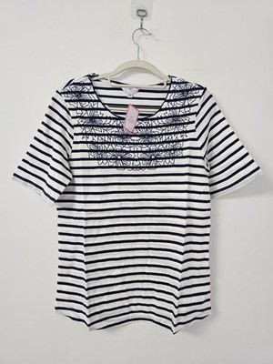 Julipa Top Womens UK10 Blue White Stripe Floral Embroidered Cotton Breton