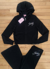  199 NEW JUICY COUTURE Bling Logo Knit Tracksuit Hoodie  Pant Set Black Size M