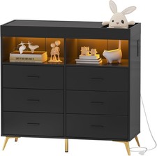 Dresser for Bedroom with 6 Drawers with LED Lights  Charging Station Baby Table
