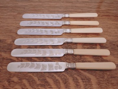 ANTIKES VIKTORIANISCHES Set 6 geätzte DESSERTMESSER AUS Kunstknochen - Lee & Wigfull Sheffield