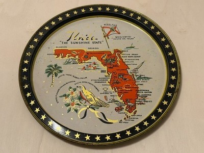 Vintage Florida State 11'' Metal Tray Travel Souvenir Tin Plate 1960s Map Flag