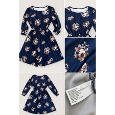 French Grey XS Navy Floral Dress Womens Fit Flare Stretch Midi Casual