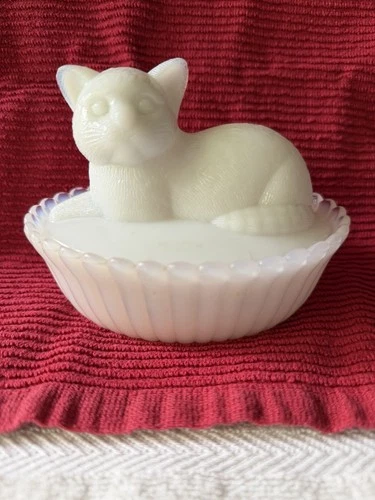 Vintage Opal Glass Kitty On Nest