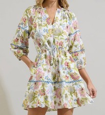 Sugarlips Pany Floral Daria Split Neck Mini Dress Pink, Green & Blue