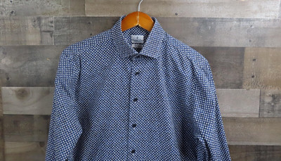 Emanuel Berg Shirt Mens 16 Blue Geometric Mr Crown Slim Fit Dress Made Italy