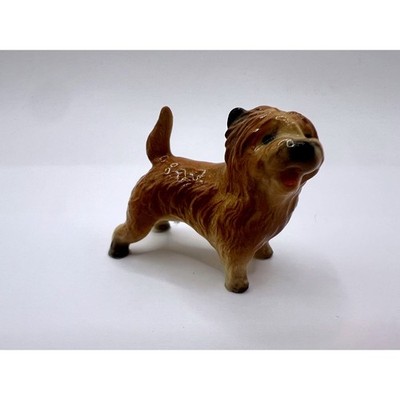 Vintage Terrier Dog Figurine Mini Brown Ceramic 2'' Norwich Cairn Shaggy 40s-60s