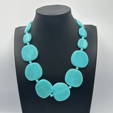 Blue Beaded Statement Necklace Turquoise Color Acrylic Large Flat Beads 18"