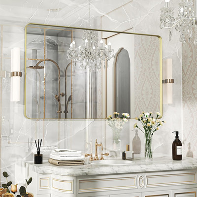 Modern 50x30 Gold Bathroom Mirror with Rounded Corners & Aluminum Frame