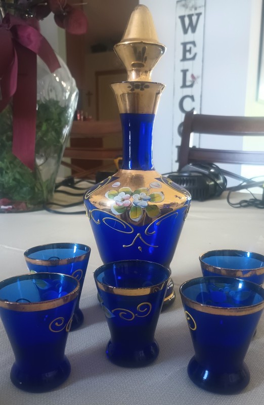 Mid Century Cobalt Bohemian Decanter with Shot Glasses