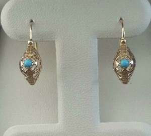 Lovely-14k-EURO-Floral-Dangle-Earrings-Accented-Turquoise-and-French-Wire-Backs