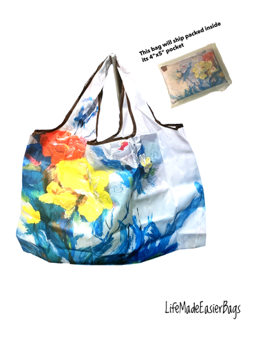 Roses Floral Print Reusable Large Nylon Tote Foldable Beach Gym Day Bag 15"x22" - Picture 2 of 10