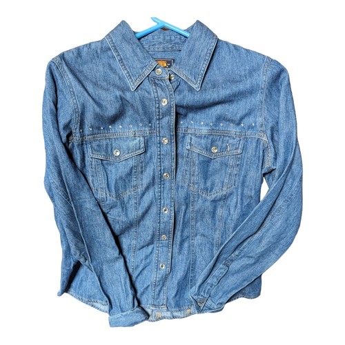 90s Route 66 Denim Jean Shirt Jacket Rhinestone Medium Barn Chore Ladies - Picture 1 of 5