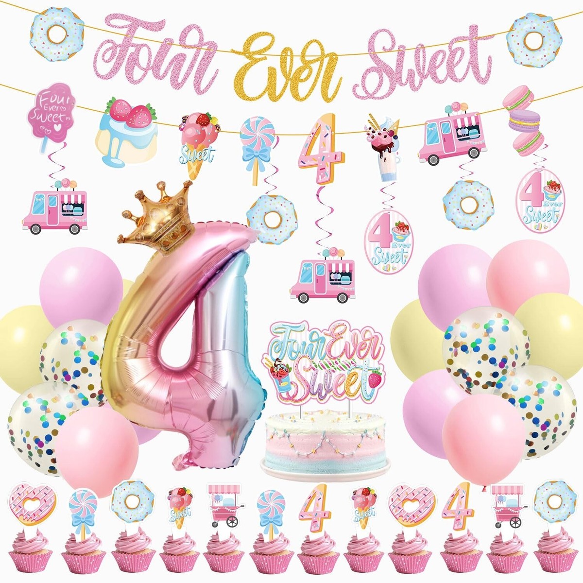 Geburtstag Hintergrund 4. Mädchen – 2,1x1,5 M, Econ-Polyester, Mit Eiswagen & Donut-Motiv