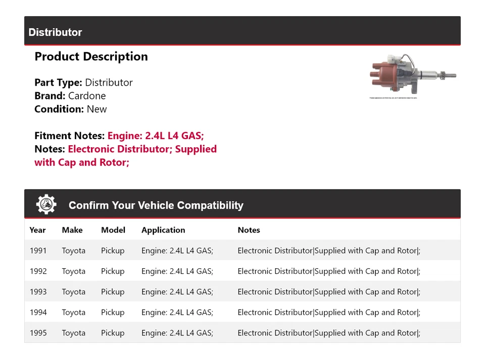 Para Toyota Pickup 1991-1995 2,4 L L4 distribuidor de gas Cardone 1992 1993 1994 Foto 2 de 4