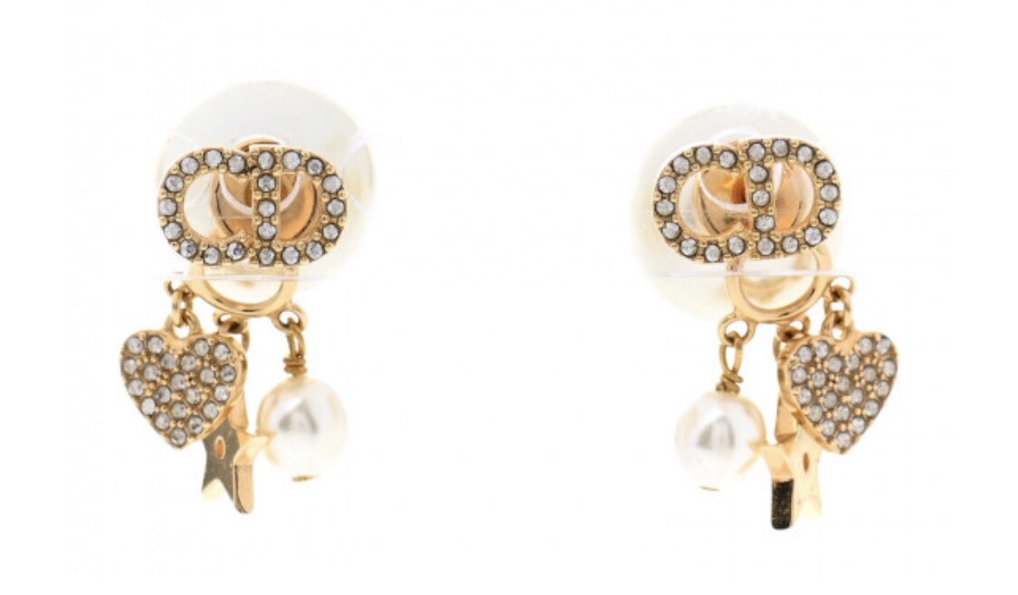 Christian Dior CD Tribal Earrings Heart Star Logo Pearl Gold Crystals Hoop  Hang