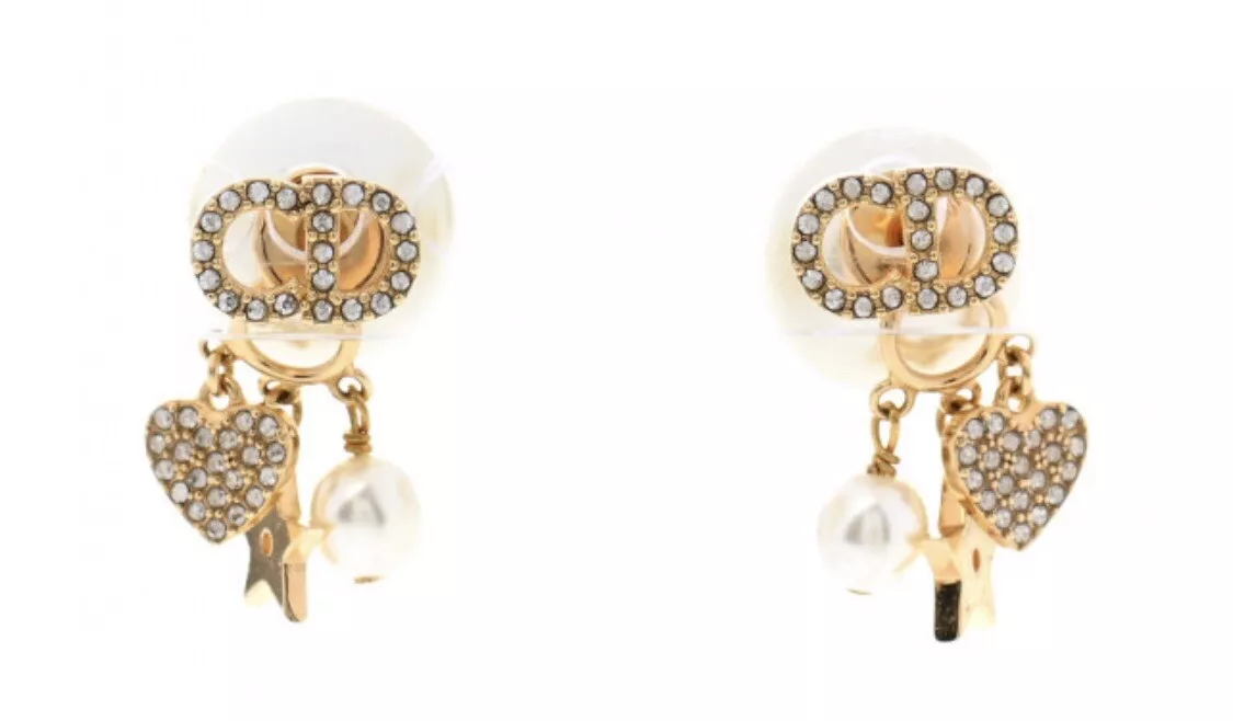 Christian Dior CD Boucles d'oreilles tribales coeur étoile logo perle cristaux dorés cerceau accrocher
