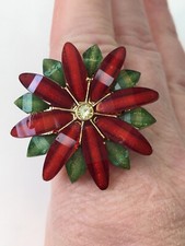 Red Green Statement Flower Ring Beautiful Detail Anytime or Christmas Holiday