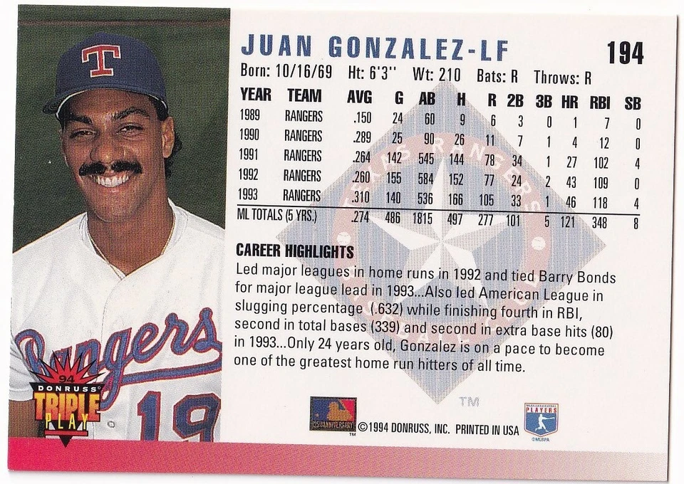 1994 Donruss Triple Play #194 Juan Gonzalez Texas Rangers - Image 2 of 2