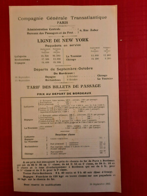 1915 Fares Compagnie Generale Transatlantique Paris to New York