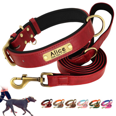 Soft Leather Padded Personalized Dog Collar/Walking Leash Lead Adjustable XS-XL