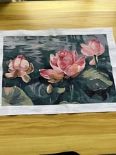 completed finished cross stitch lotus 27''x 18`'' Unframed NEW
