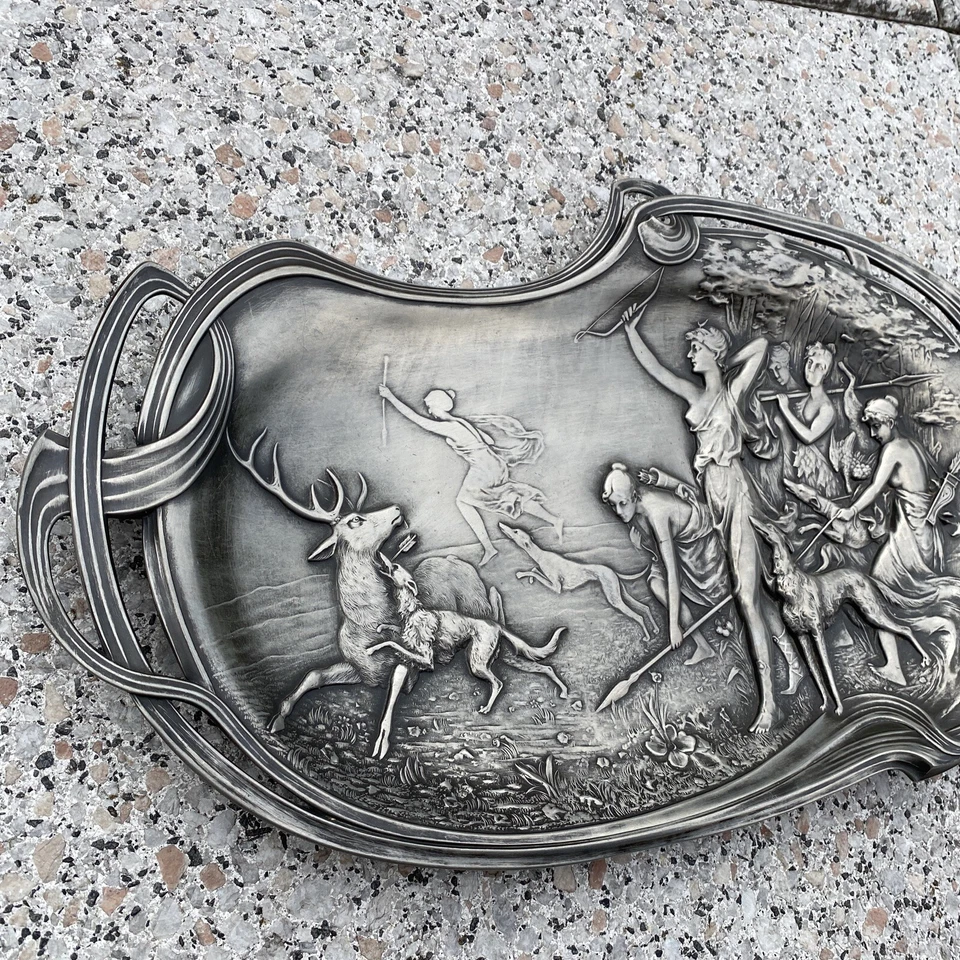 WMF Art Nouveau Jugendstil Jagdgöttin Diana Jagdszene Tablett Wandteller Antik - Bild 3 von 4