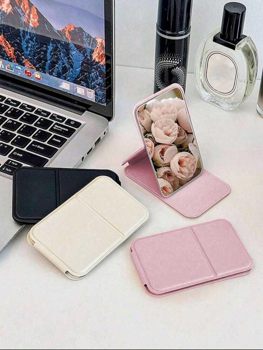 Portable Solid Color Leather Handheld Desktop Makeup Mirror-image