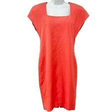 Vintage 80s Coral Pink 100% Silk Sheath Square Neck Dress size 8 Shoulder Pads