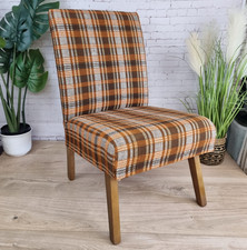 Vintage Mid Century Modern Slipper Chair Orange Brown Tartan Upholstered, Accent
