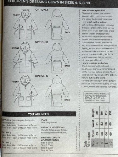 Prima Sewing Pattern Children's Dressing Gown Robe Sizes 4-10 - April 2025 - Afbeelding 2 van 2