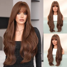 Long Wavy Brown Wig with Bangs 32in Chocolate Reddish Brown Heat Resistant Fi...