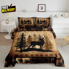 Deer Print Comforter Set Queen Size 3pcs Rustic Cabin Bedding Brown  