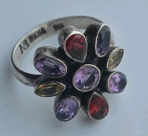 Nicky Bulter Vintage Sterling Silver Ring,9 Gemstones, Size 9.5